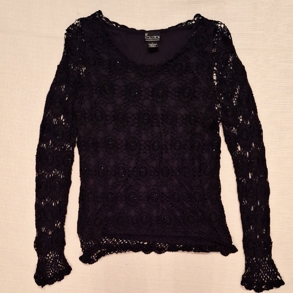 Collection B Tops - Collection B Black Crochet Lace Long Sleeve Top with Scoop Neck